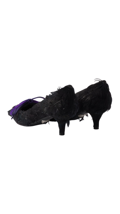 Feather-Embellished Satin Pumps in Black