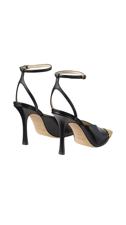 Faiz 100 in Black and Vintage Gold Leather Pumps with Metal Lace Detail