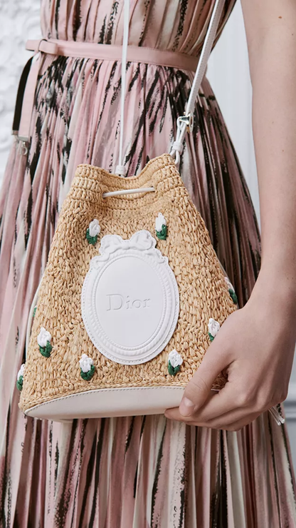 Dioriviera Dior Blooming Mini Bucket Bag Raffia Embroidered with Multicolor Flowers and White