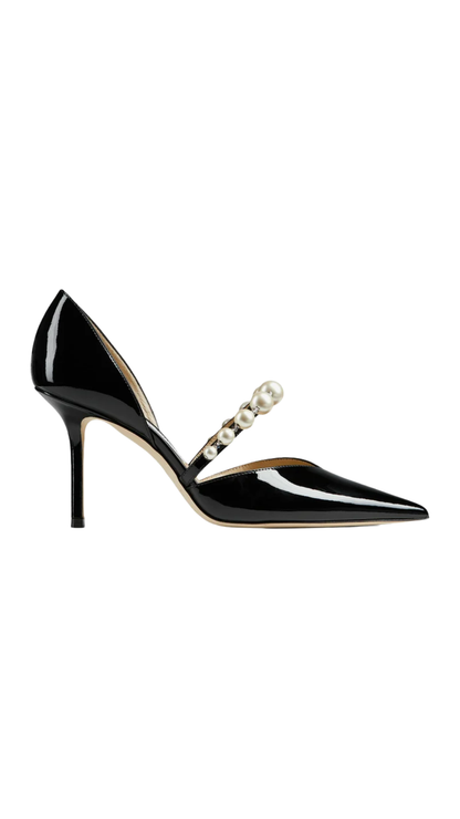 Aurelie 85 Black Patent Leather Pointed Pumps with Pearl Embellishment