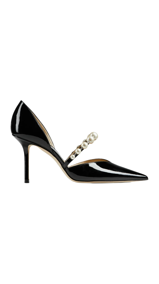 Aurelie 85 Black Patent Leather Pointed Pumps with Pearl Embellishment