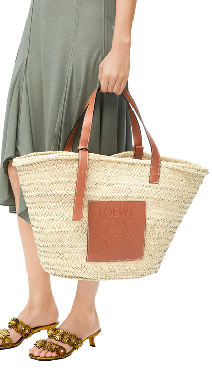 Large Classic Basket in Natural/Tan Palm Leaf and Calfskin