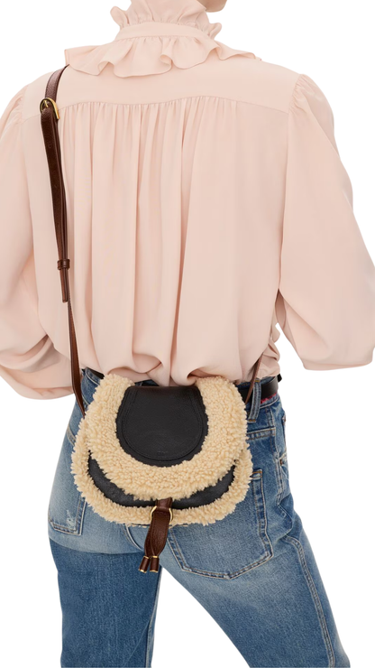 Small Marcie Saddle Bag in Black Shearling & Grained Leather