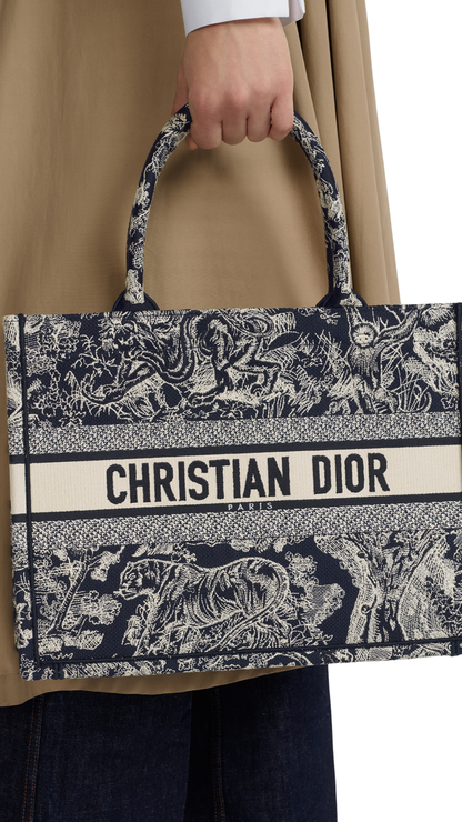Medium Dior Book Tote in Blue and Ecru Toile de Jouy Reverse Embroidery