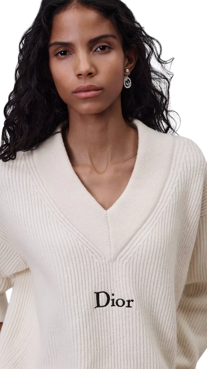 Oversized Sweater in White Wool and Cashmere Ribbed Knit