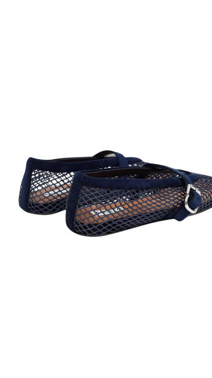 Ballet Flats in Blue Fishnet and Suede
