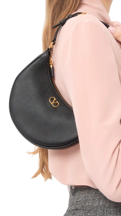 VLogo Signature Mini Hobo Bag In Black Grainy Calfskin