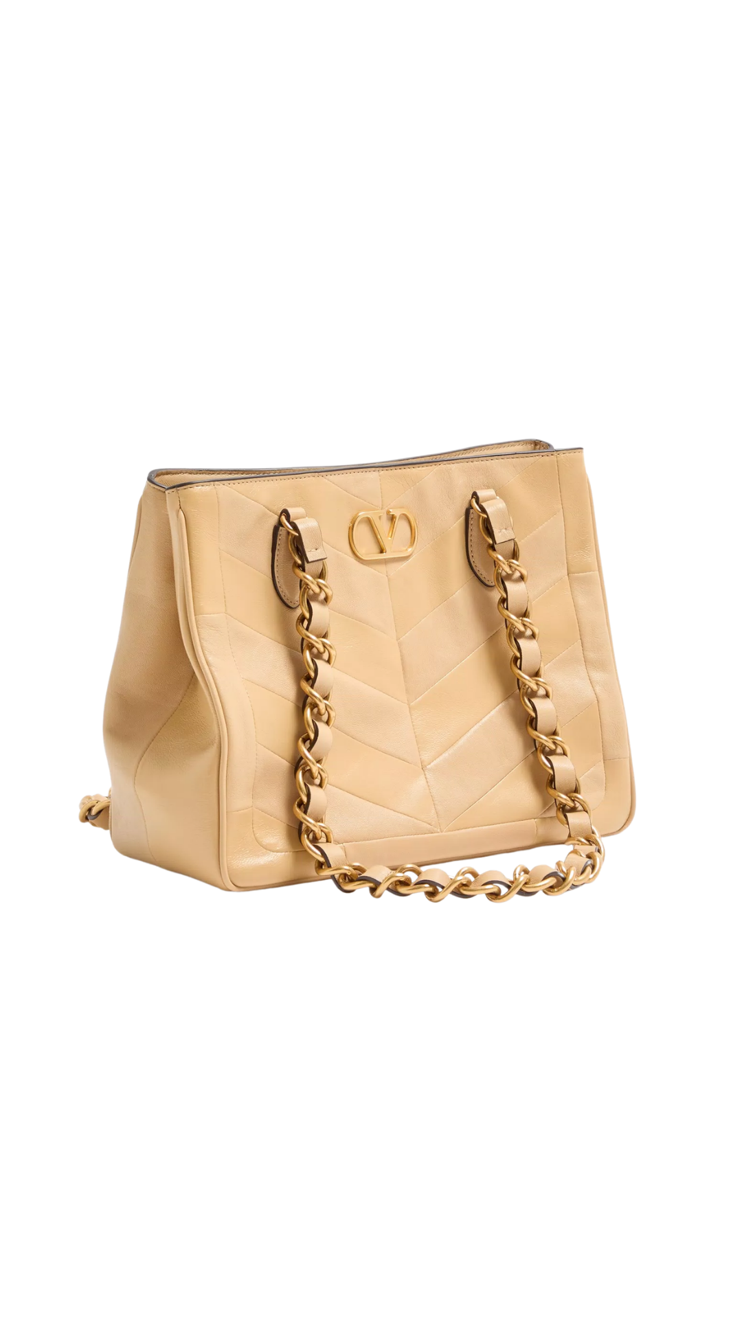 Laseine Small Shopping Bag In Gold Beige Chevron-Patterned Nappa Leather