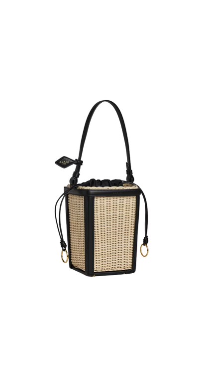 Small Wicker and Leather Bucket Bag in Black