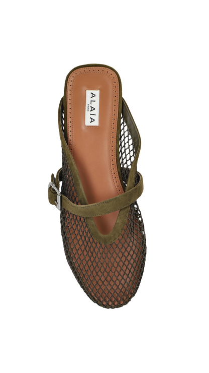 Flat Mules in Green Fishnet
