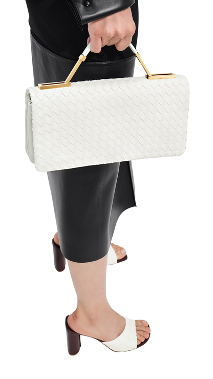 The 70 in Alabaster Top Handle Bag in Supple Intrecciato Leather
