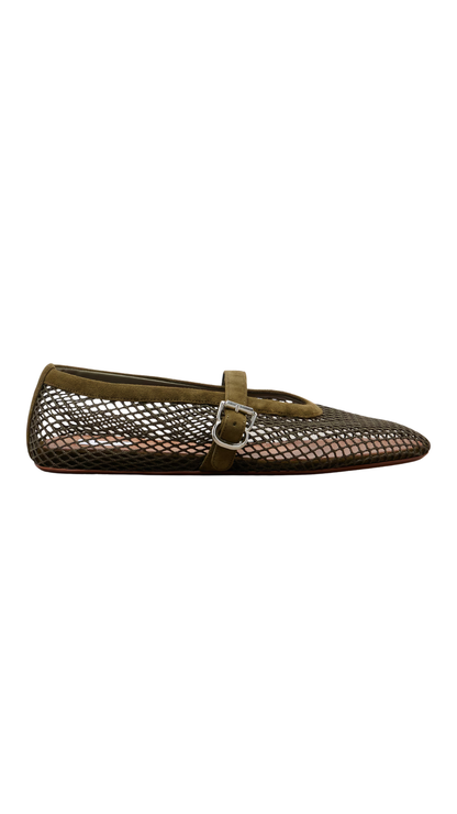 Suede-Trimmed Fishnet Ballet Flats in Green