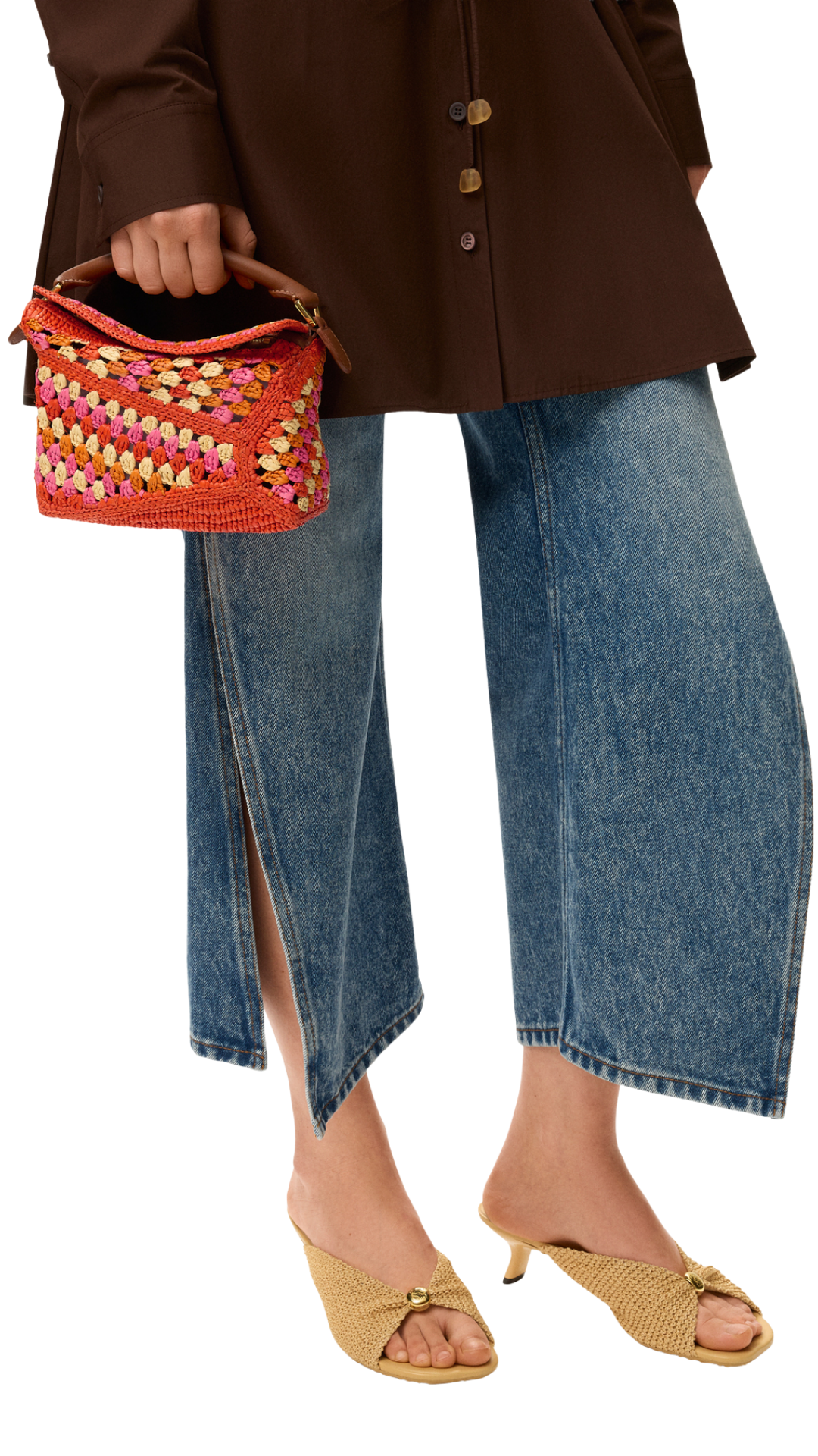Mini Puzzle Edge Bag in Bright Orange/Pink Raffia and Calfskin