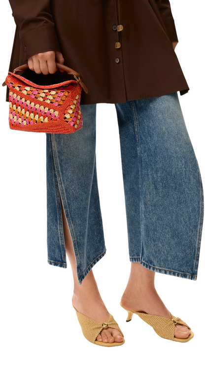 Mini Puzzle Edge Bag in Bright Orange/Pink Raffia and Calfskin