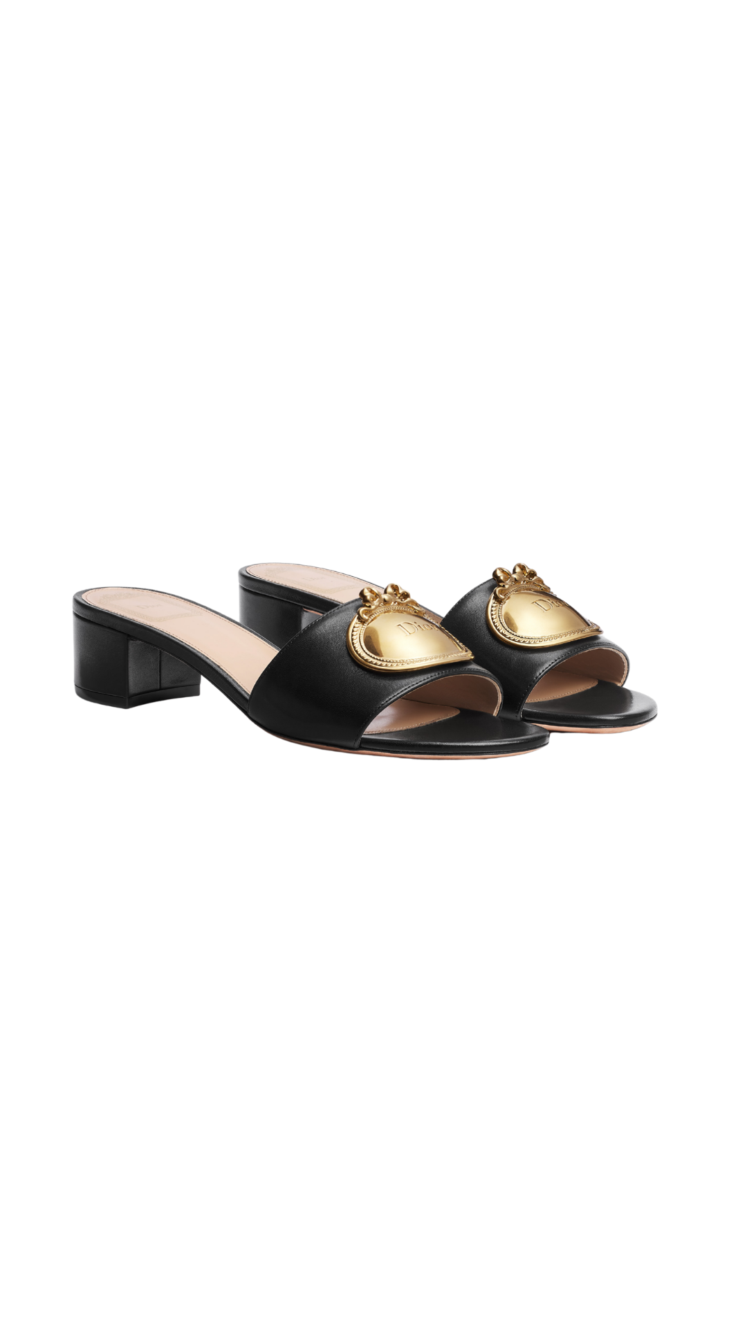 Dior Médaillon Buckle Heeled Slide in Black Lambskin