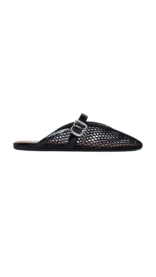 Flat Mules in Black Fishnet