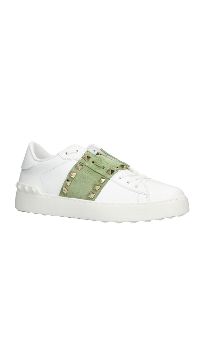 Rockstud Untitled Sneaker In White/Green Calfskin Leather With Tonal Studs