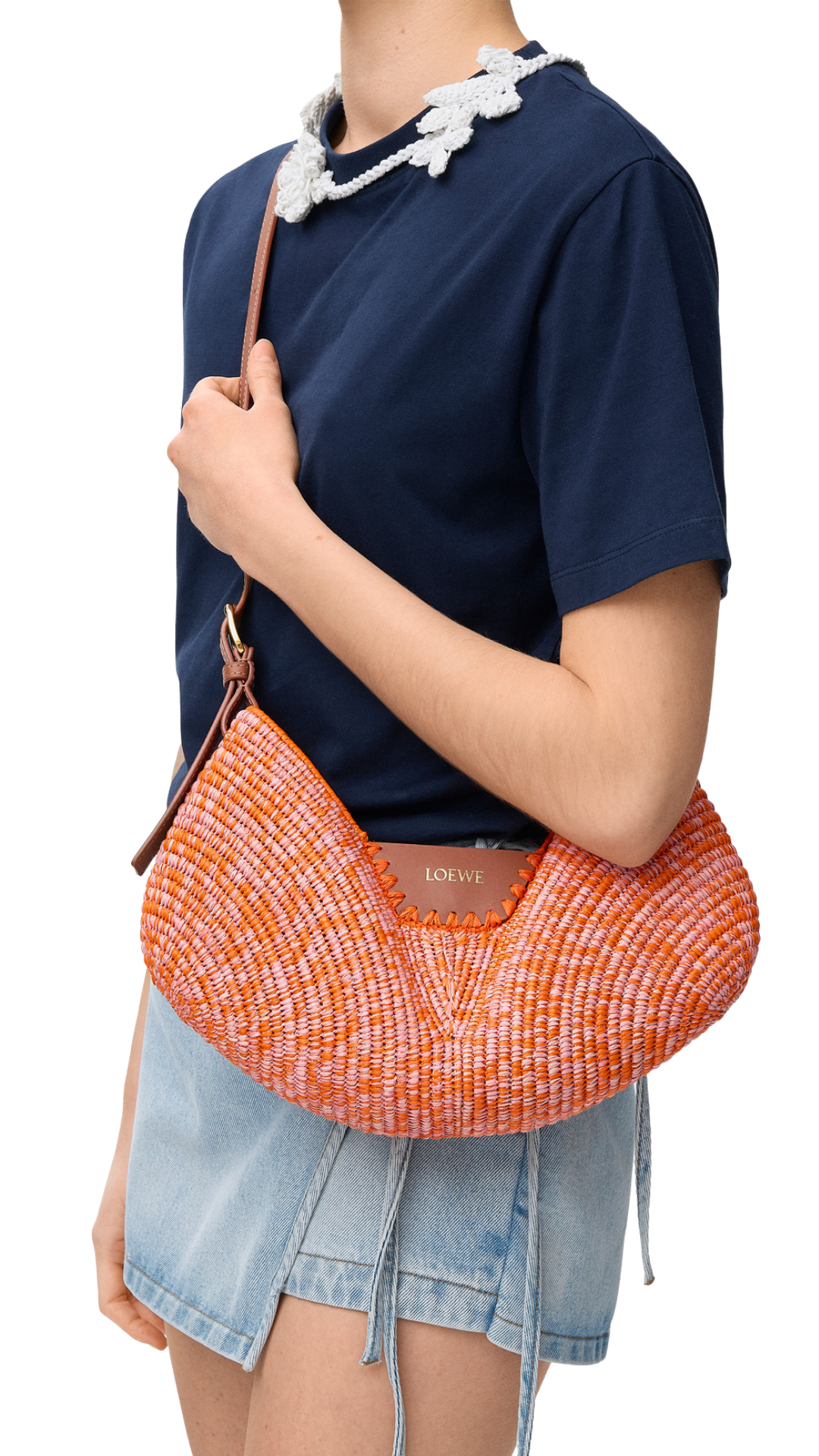 Medium Loewe Swing Bag in Bright Orange/Pink Raffia and Calfskin