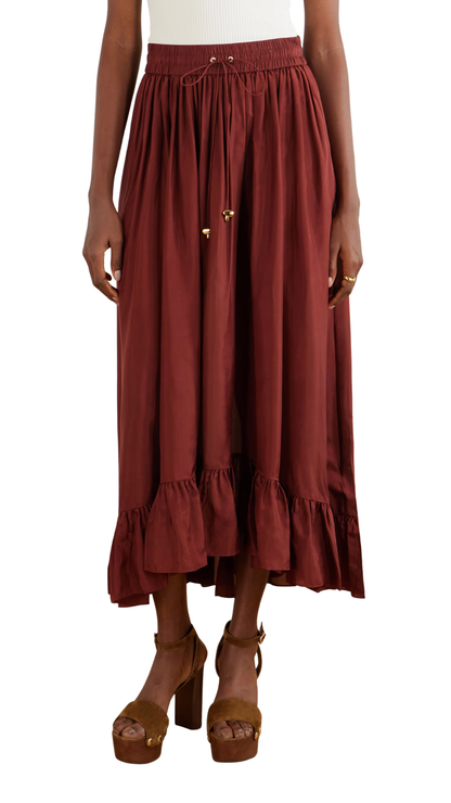 Aster Ruffled Silk Maxi Skirt in Burgundy
