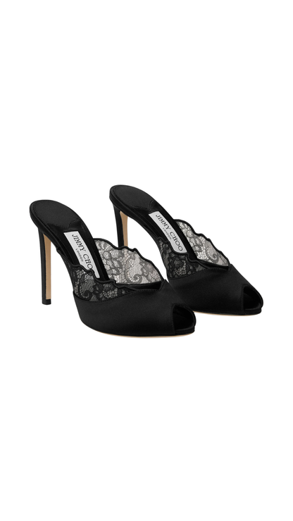 Brigitte Mule 100 in Black Jimmy Choo Lace and Satin Mules