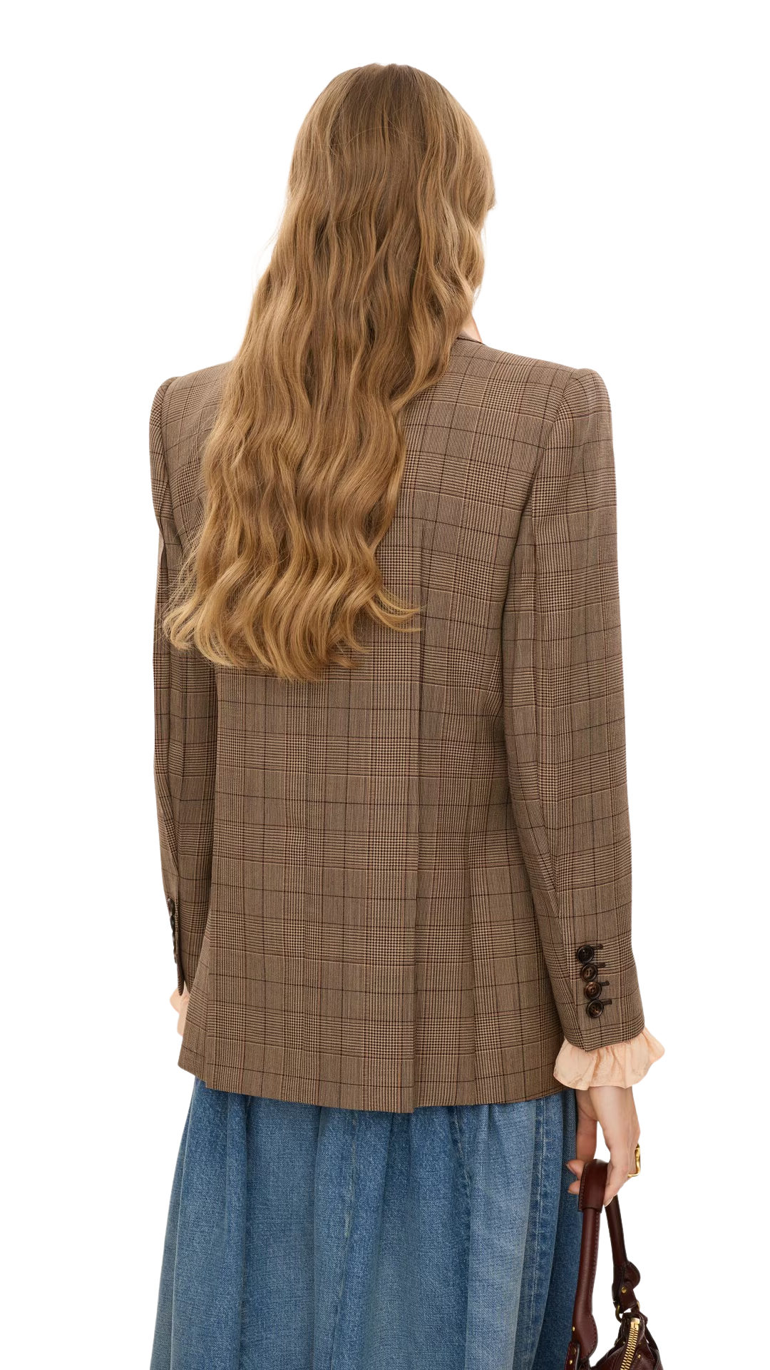 Double-Breasted Tailored Jacket in Brown / Beige Check Wool