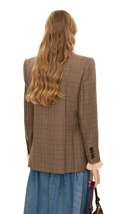 Double-Breasted Tailored Jacket in Brown / Beige Check Wool
