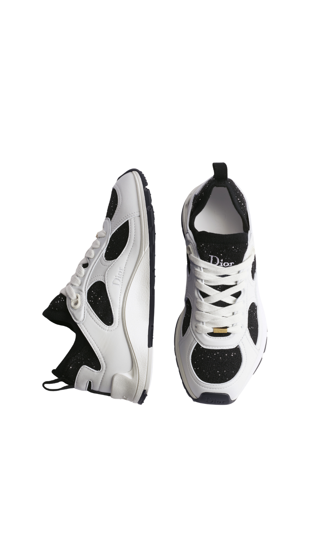 Dior Mile Sneaker in White Lambskin and Black Sequin-Embroidered Knit
