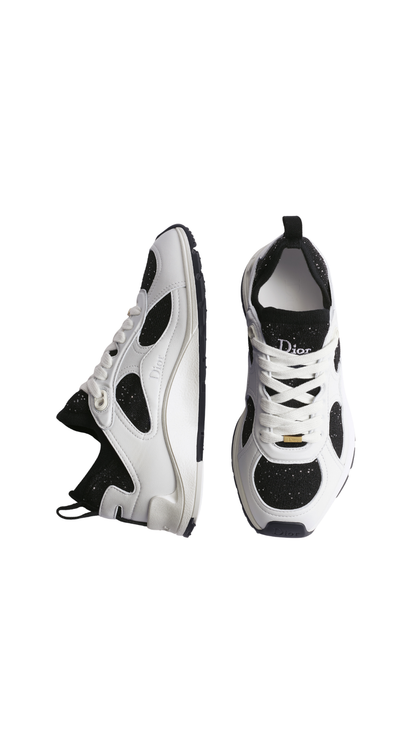 Dior Mile Sneaker in White Lambskin and Black Sequin-Embroidered Knit
