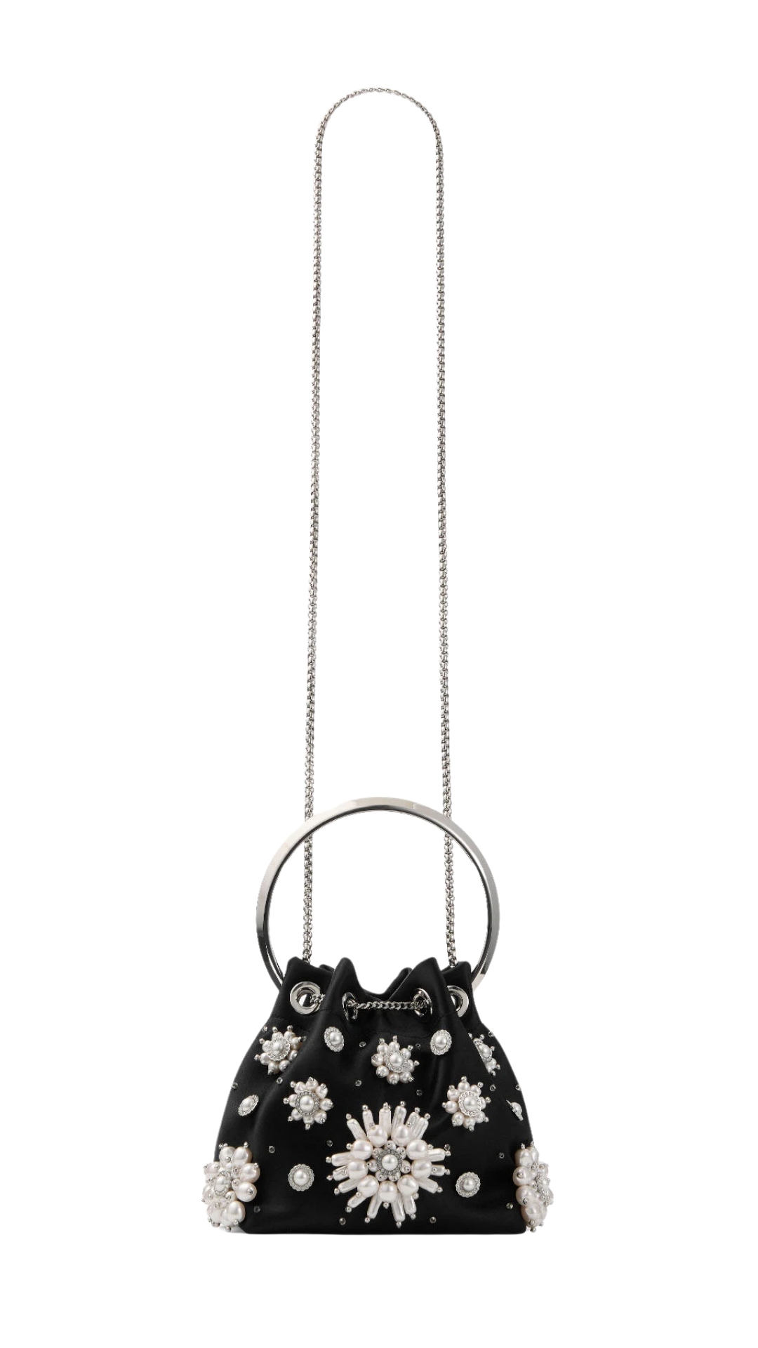 Bon Bon in Black Satin Bucket Bag with Floral Pearl Embroidery