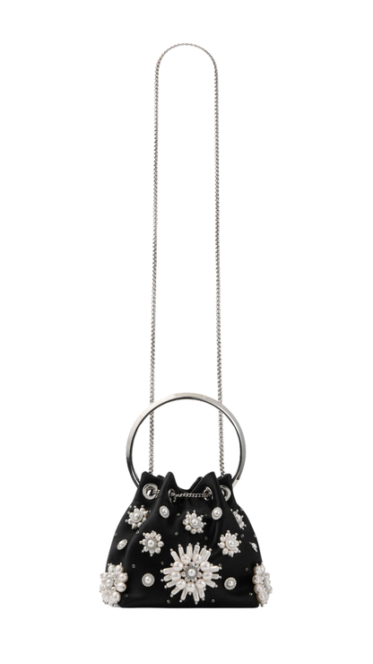 Bon Bon in Black Satin Bucket Bag with Floral Pearl Embroidery