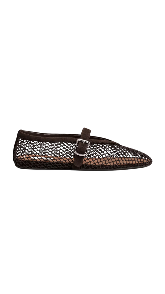 Ballet Flats in Dark Brown Fishnet and Suede