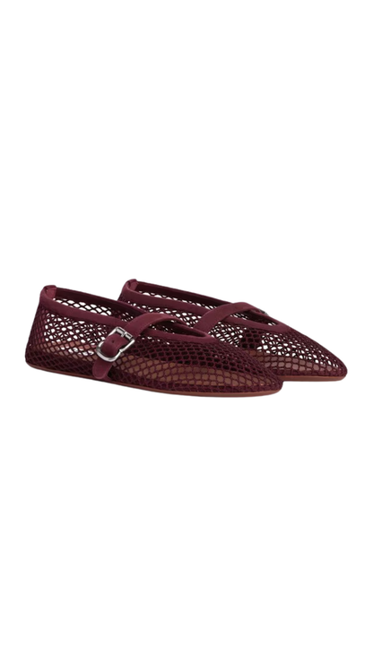 Ballet Flats in Garnet Red Fishnet and Suede