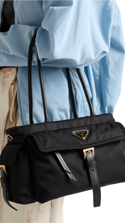 Explore Medium Re-Nylon and Leather Tote Bag in Black