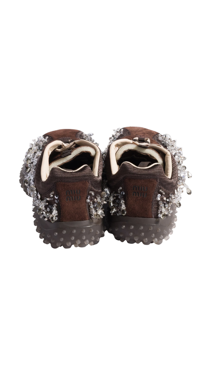 Bubble Embroidered Technical Fabric and Suede Sneakers in Dark Brown