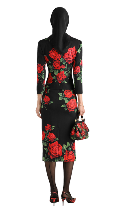 Rose-Print Charmeuse Skirt in Multi-Colored