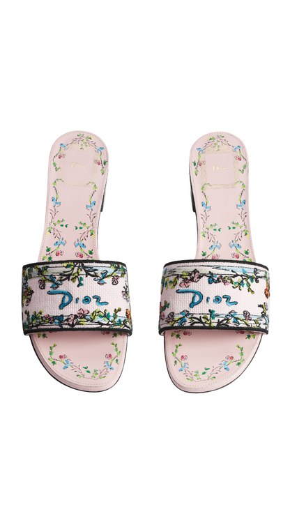 Dway Heeled Slide in Rose Tendre Cotton Embroidered with Multicolor