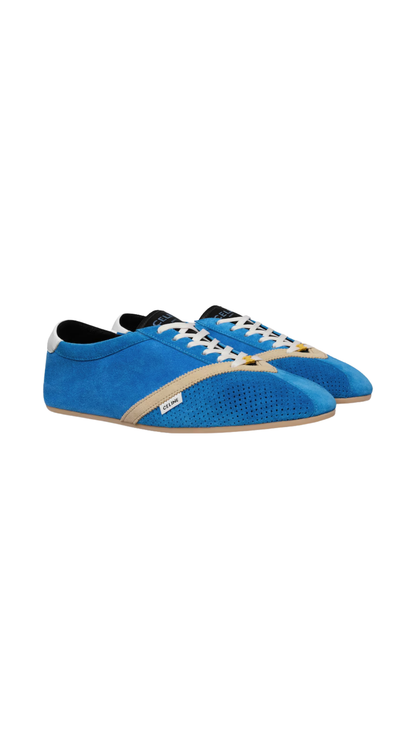 The Flat Sneaker in Blue/Ecru/White Suede Calfskin and Lambskin