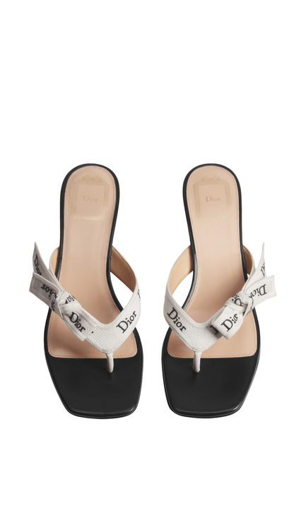 J'Adior Heeled Thong Sandal White Embroidered Cotton and Black Lambskin