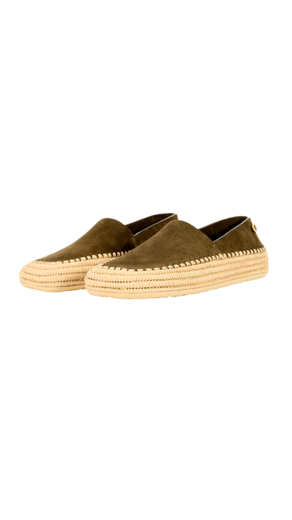 Rio Slipper in Suede and Raffia in Khaki Green