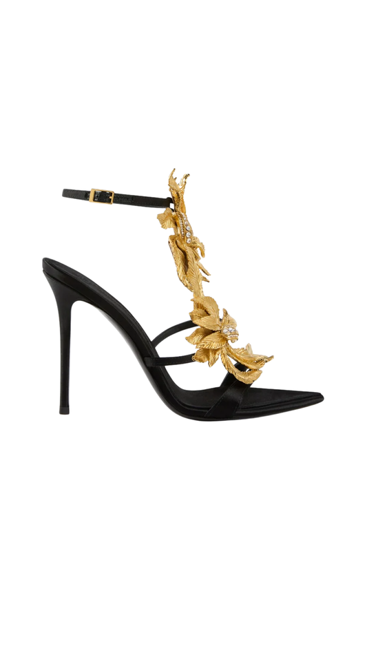 Incanto Sandal 105 Black Silk Satin Sandals with Jewel Accessory and 105mm Stiletto Heel.