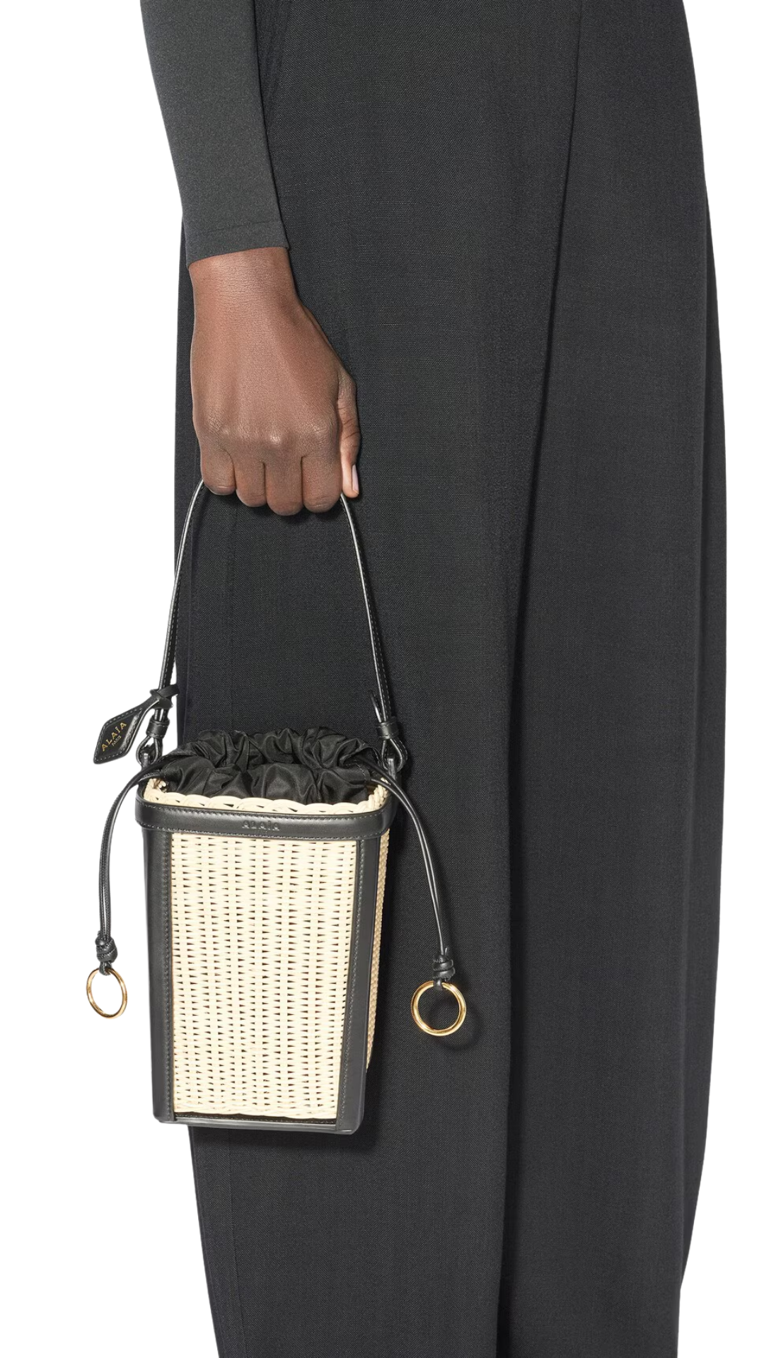 Small Wicker and Leather Bucket Bag in Black