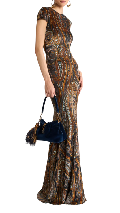 Long Dress in Multicolor Jersey with Paisley Motif
