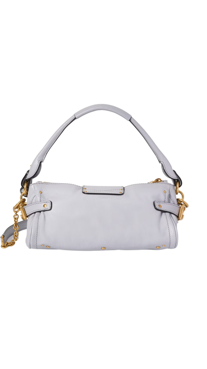 Small Paddington Bag with Strap in Greyish Blue Grained Leather