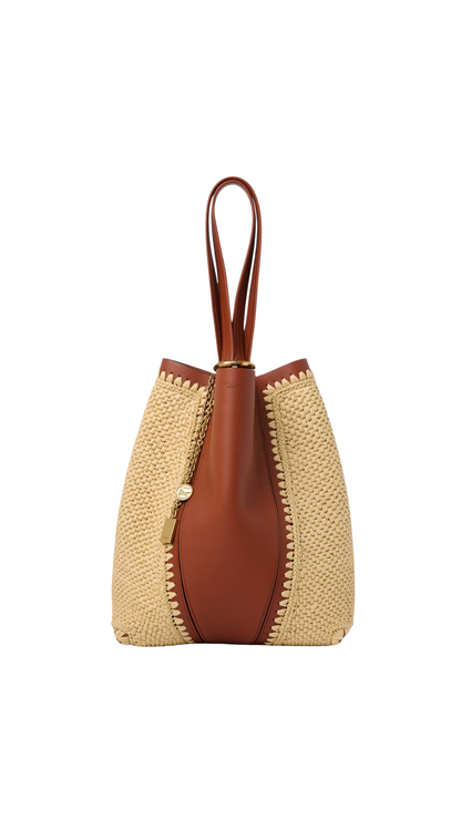 Spin Tote Bag in Raffia-Effect & Leather in Clay Brown