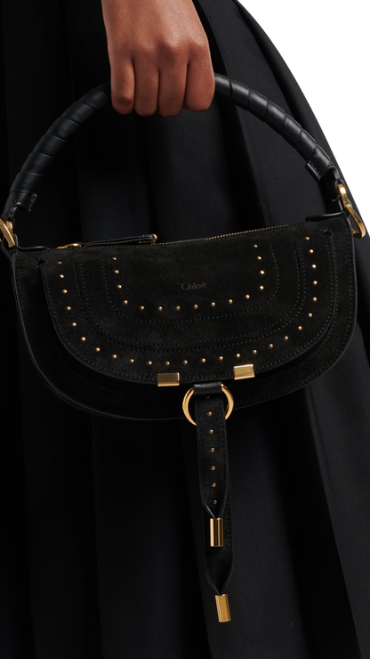 Marcie Small Studded Suede Shoulder Bag in Black