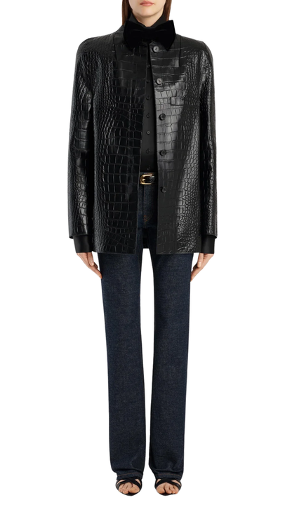 Sadie Coat in Black Croc-Embossed Leather