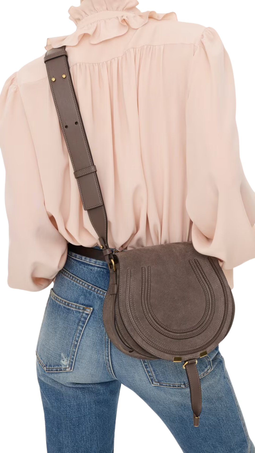 Marcie Saddle Bag in Nickel Grey Suede Leather