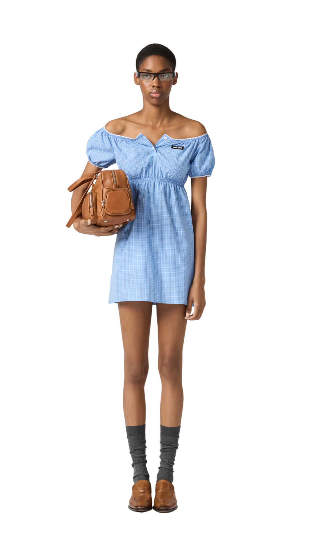 Checked Poplin Mini-Dress in Light Blue