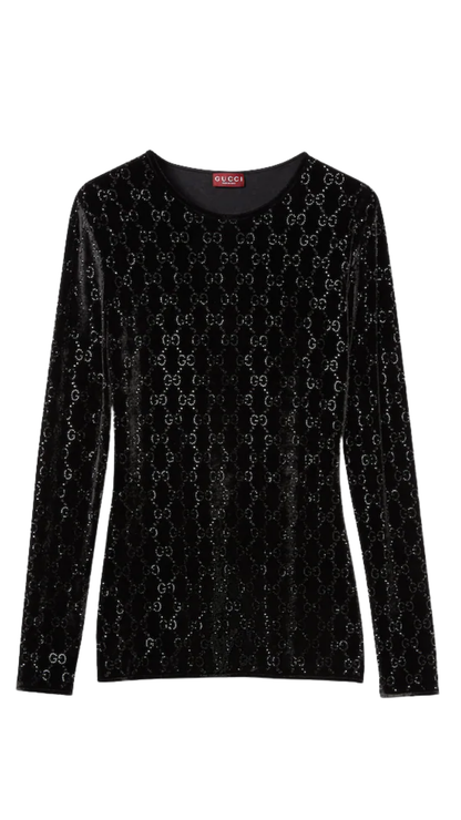 Embroidered Stretch Chenille Top in Black