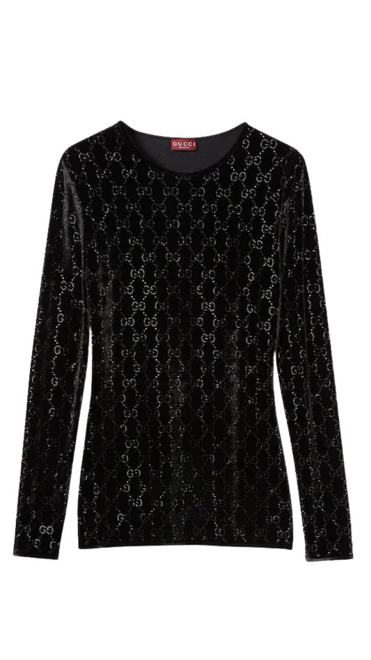 Embroidered Stretch Chenille Top in Black